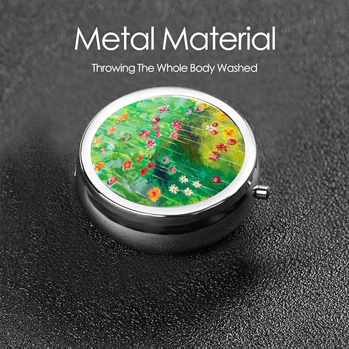 Metal Silver 3 Compartment Pill Box Pocket Portable Mini Travel Pill Case Small Round Decorative Medicine Box Vitamin Pill Organizer with Oil Painting Flower