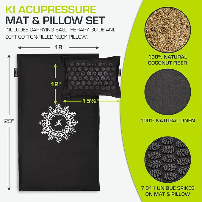 ProsourceFit Ki Acupressure Mat and Pillow Set with 100% Natural Linen for Back/Neck Pain Relief and Muscle Relaxation