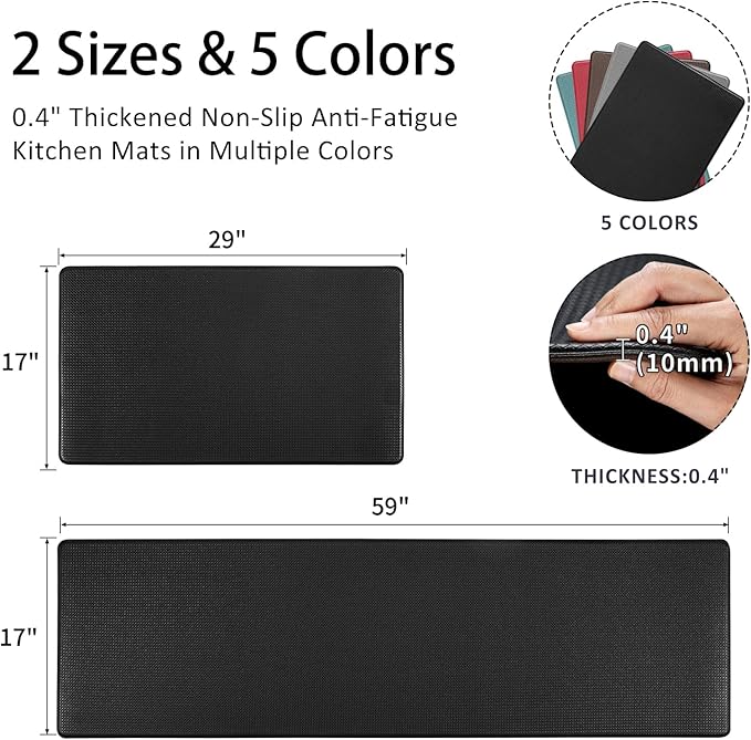 AUTODECO Kitchen Mats and Rugs Set of 2 - Cushioned Anti-Fatigue Kitchen Rug for Floor Washable 17"x29" +17"x59", Black