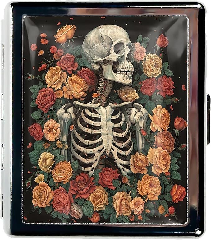 Cute Travel Pill Box Organizer with 8 Compartments - Compact and Fashionable Pill Case with Mirror - Ideal for Medications (Skeleton in Flowers)