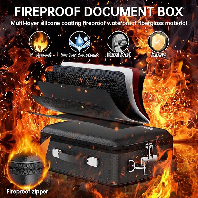 Tamfile Fireproof Document Box, Hard Case 5200°F Fireproof Water Safe File Box with Lock, 8-Layer Fireproof Safe File Organizer for Important Documents, Valuables, Laptop, Passports (Black)