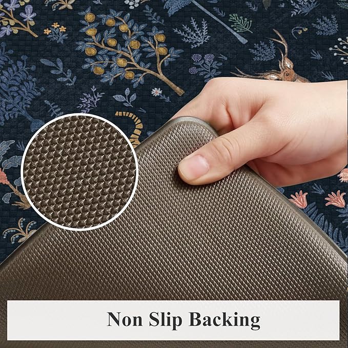 KIMODE Anti Fatigue Mats for Kitchen Floor,Farmhouse Animal Forest Kitchen Rugs Sets of 2 Non Slip,Comfort Cushioned Padded Kitchen Floor Mats for Laundry Sink Office,Dark Blue