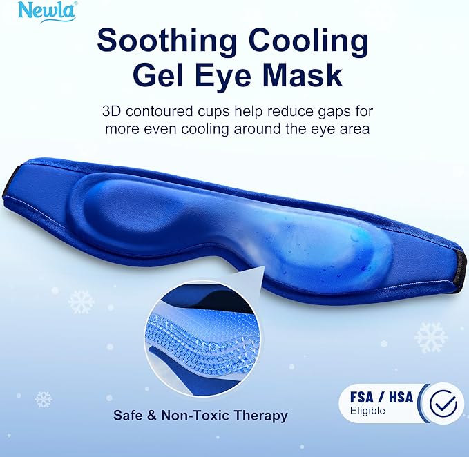 Cooling Gel Eye Mask, FSA Eligible Contoured Cold Compress for Eyes, Reusable Cold Eye Mask for Puffy Eyes, Migraine & Tired Eyes, Post Surgery, Ice Gel Pack for Eye Care, Adjustable Strap (Blue)