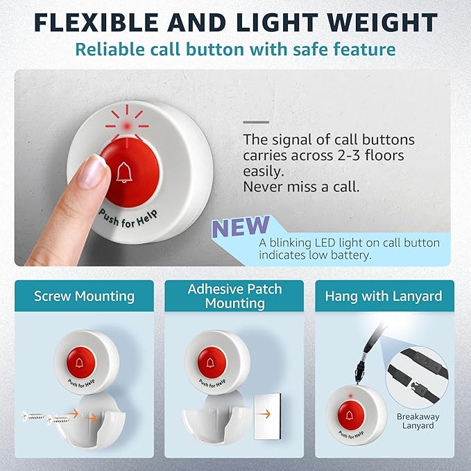 Caregiver Pager Wireless Call Buttons Motion Sensor Alarm Indoor for Elderly Monitoring Fall Prevention Bed Alarm Alert System Portable Nurse Call for Seniors Dementia Patients Emergency