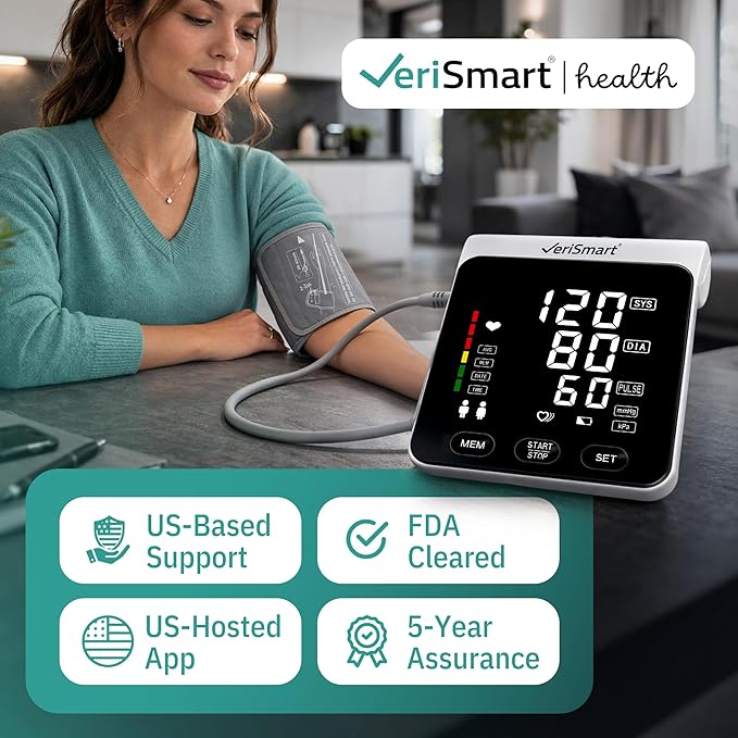 Smart Bluetooth Blood Pressure Monitor by VeriSmart Health - FDA-Cleared, Vivid 6.5" LED, Comfort-Inflate Tech, Ultra-Slim Design, Battery & USB-C, Wireless Secure US-Hosted App