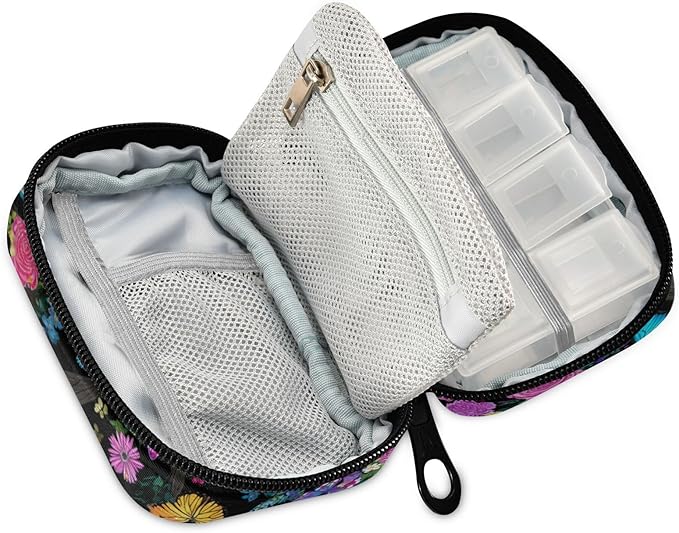Rose Flowers Butterfly Trees Black Travel Pill Organizer Case Box Container Weekly Portable Vitamin Medicine Holder Storage Bag with Zipper Removable