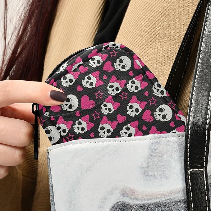 Travel Pill Organizer Bag Weekly Pill Organizer Case Pink Hearts and Skulls Portable Small Daily Pill Boxes for Vitamin Fish Oils Supplement Holder with Zipper Compact Size
