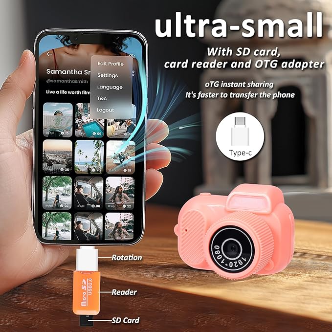 Mini Keychain Camera, FHD 1080p 8MP Mini Digital Camera with 32GB SD Card, 8 Creative Filters, 0.96" HD Display, 100 Mins Battery Life for Travel Recording Birthday Gifts (Retro, Pink)