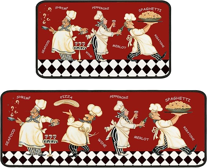 Red Fat Chef Kitchen Rugs 2 Piece Set for Floor Mat, Non Skid Washable Absorbent Microfiber Fat Chef Kitchen Mat for in Front of Sink for Standing for Home Fat Chef Kitchen Decor 17"X30"+17"X47"