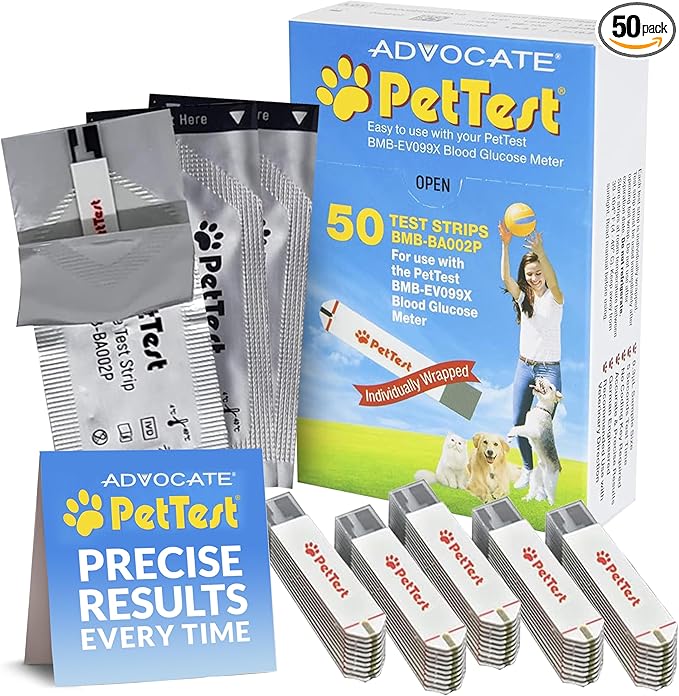PetTest Blood Glucose Test Strips, Easy Open for Use with a Glucometer Monitor for Dogs & Cats, sterilized and Individually Sealed, 50 Pieces