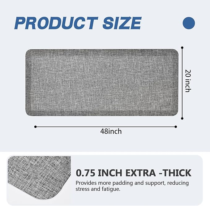 Anti Slip 3/4 inchs Anti Fatigue Kitchen Floor Mat, Ergonomic Comfort Standing Mat, Waterproof Kitchen Runner for Home, Kitchen, Office, Laundry, Garage (Light Gray, 24" x 70" -0.75")