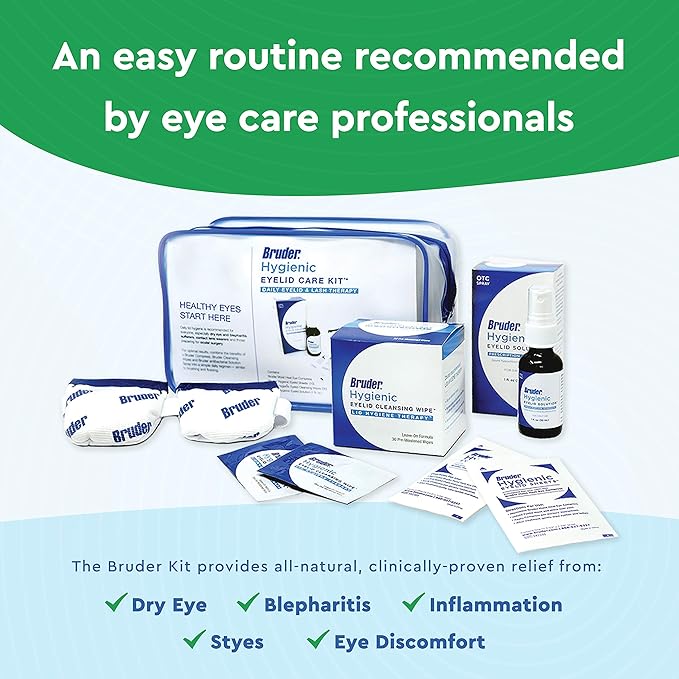 Bruder Hygienic Eyelid Care Kit - Moist Heat Eye Compress Mask, Eyelid Cleansing Wipes & Spray - Soothe Dry Eyes & Improve Health