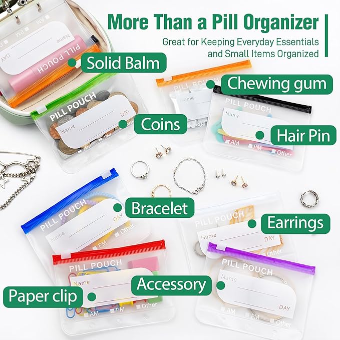 A8 Waterproof Pill Pouch Set, Large Weekly Pill Organizer with 14 Color-Coded Medicine Pouches, Reusable Travel Medicine Organizer, Zippered Pill Storage for Fish Oils, Vitamins（Green）