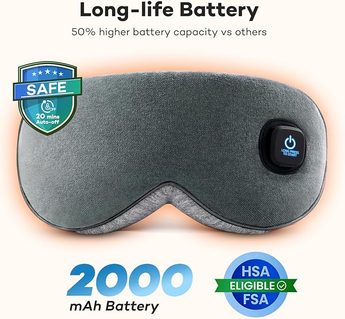 Ezona Cotton Cordless Heated Eye Mask, 2000mAh Warm Eye Compress Mask for Dry Eyes, Washable Eye Heating Pad for Travel, MGD,Blepharitis, Sinus Migraine with 10W Charger（Gray）