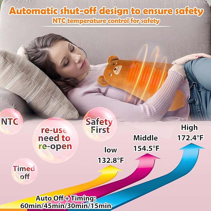 Electric Heating Pad for Period Cramps Pain Relief Menstrual USB Powered Cuddly Stuffed Animal Portable Cute Soft 14" Adorable Bear Neck Shoulder/Back Pain Relief Gift for Women and Kids (M)