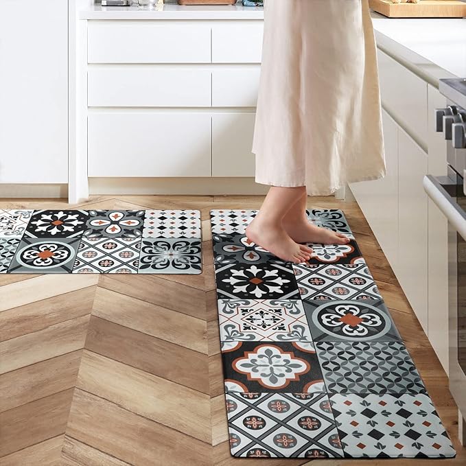 Ashler Kitchen Mats Anti-Fatigue Kitchen Rugs, Non-Slip Waterproof Kitchen Floor Mats, 2PCS Ergonomic Comfort Foam Standing Rug for Kitchen, Office, Floor, Laundry, Sink, 17x47 in & 17x29 in, Black