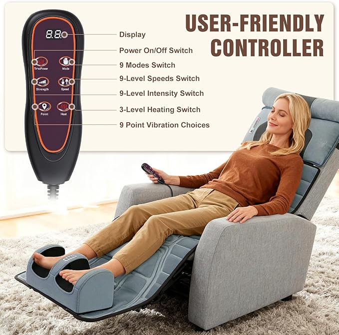Full Body Massage Mat with Heat, Detachable Neck Massager & Foot Massager, Full Body Vibration Massage Mats with Lumbar Pillow, 9 Vibration 3 Timer Settings, Gift for Men Women