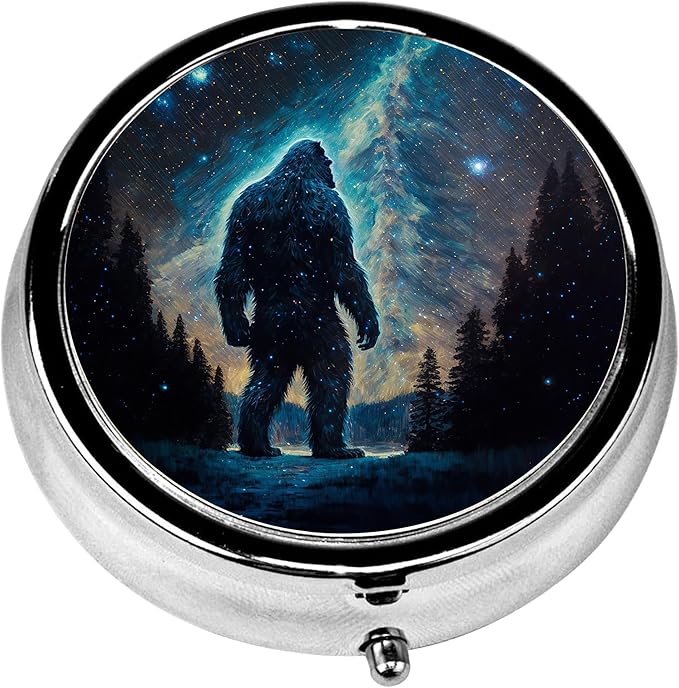 Pill Box, 3 Compartments Small Pill Case Travel Portable Metal Medicine Box with Mirror Mini Container for Purse Pocket Women Men（Bigfoot Mountain Moon）
