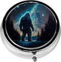 Pill Box, 3 Compartments Small Pill Case Travel Portable Metal Medicine Box with Mirror Mini Container for Purse Pocket Women Men（Bigfoot Mountain Moon）