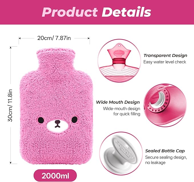 samply Hot Water Bottle with Cute Fleece Cover, Hot Water Bag for Hot and Cold Compress, Hand Feet Warmer, Neck and Shoulder Pain Relief, Purple Bear
