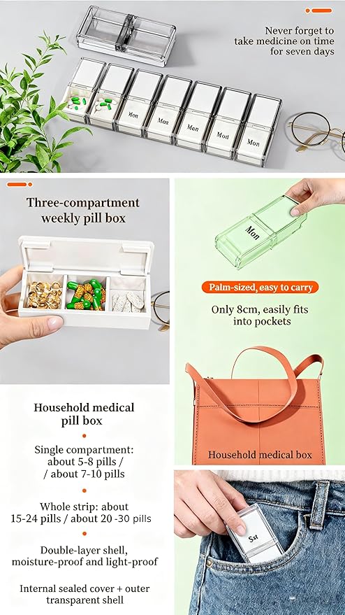 2026 New Model Release 3-Tier Portable Medicine Box Organizer Storage (Extra Large) 15.75x9.06x13.39 Inch，Buy 1 Large, Get 7 Small Free (Comes with 7 Daily Pill Cases)