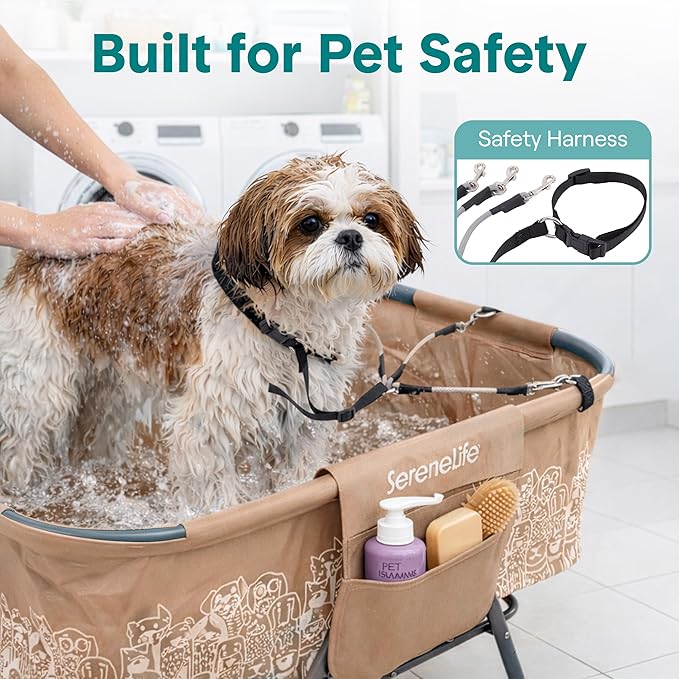 SereneLife Foldable Dog Bath Tub with Adjustable Height, 360° Access, Drain Hose & Storage Pockets – 130 lb Capacity Grooming Station for Indoor/Outdoor Use (Beige)