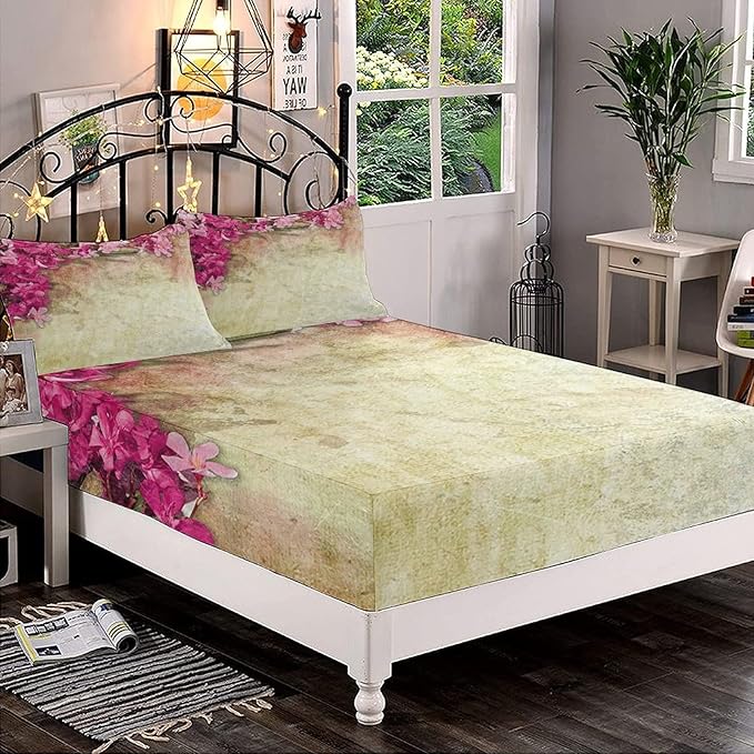 Decorative Fitted Sheet Set King Size, Floral Deep Pockets Fitted Sheet & 2 Pillow Sham Set, Vintage Oleander Flowers Distressed Retro Printed Microfiber Bedding 3pc Set, for Mattress (Deep: 5"-15")