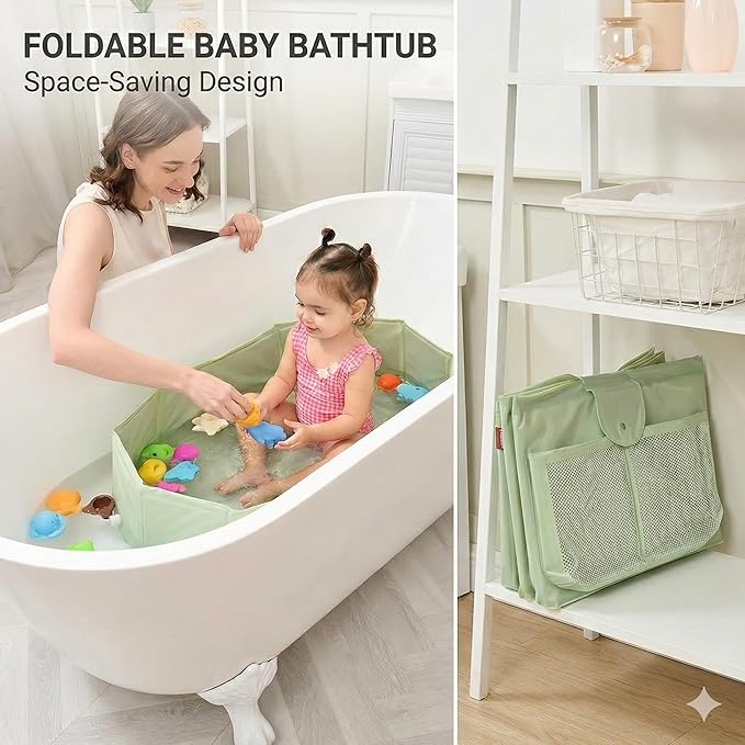 Toddler Bathtub for Shower (12M-5Y) – Large Collapsible Portable Tub Converts Shower Stall to Bath – Sturdy, Non-Slip with Mesh Storage Pocket & Fast Drain for Kids & Small Bathroom