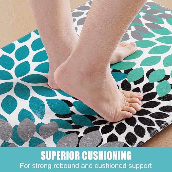 Likiyol Kitchen Mats for Floor [2 PCS] Anti-Fatigue Comfort Kitchen Rugs, Boho Flower Cushioned Waterproof Kitchen Decor Mat Thick, Standing Floor Mats for Home/Office, 18''x30''+18''x48''(Teal)