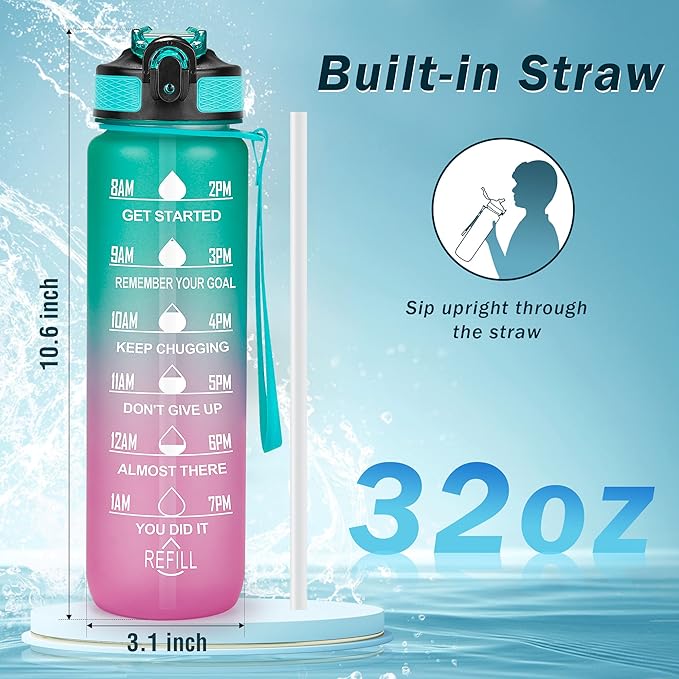 Motivational Water Bottle with Time Marker - 32oz, Leak-proof BPA Free Sports Water Bottles with Straw & Carrying Strap