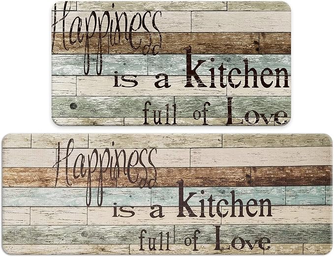 FRESHMINT Farmhouse Kitchen Mats Sets 2 Piece Cushioned Comfort Mat for Home & Office Ergonomically Engineered Memory Foam Kitchen Rug Waterproof Non-Skid, 30" by 17" + 47" by 17",Happiness