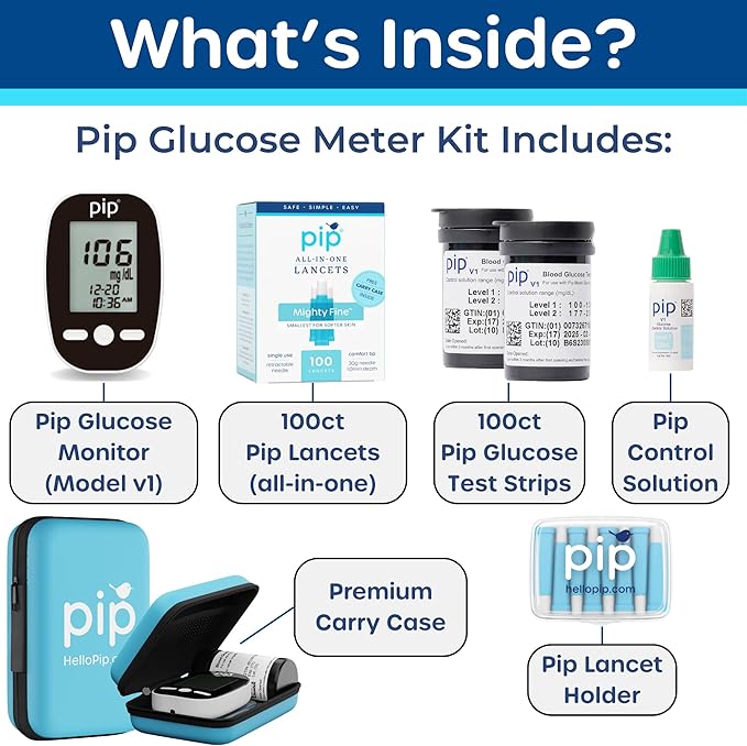 Pip Blood Glucose Monitor Kit with Preloaded Safety Lancets - Complete Diabetes Testing Kit with 100 Test Strips & Lancets | No Lancing Device Needed for Virtually Painless Blood Sugar Monitoring