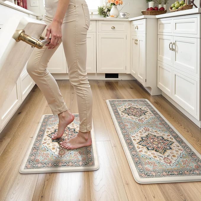 Kitchen Mats for Floor Cushioned Anti Fatigue,Boho Vintage Blue Kitchen Rugs Sets of 2 Non Slip,Memory Foam Waterproof Comfort Standing Mat Carpet for Sink Laundry Office