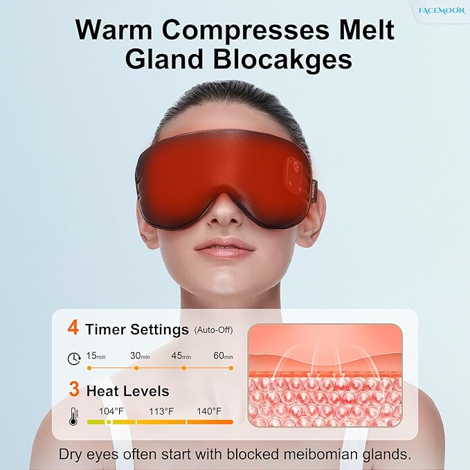 FACEMOON Heated Eye Mask for Dry Eyes: Electric Warm Compress for Blepharitis Stye Tired Eyes - Cordless Heat Relief Heating - Stable Temp 1500 Mah Rechargeable Washable Black
