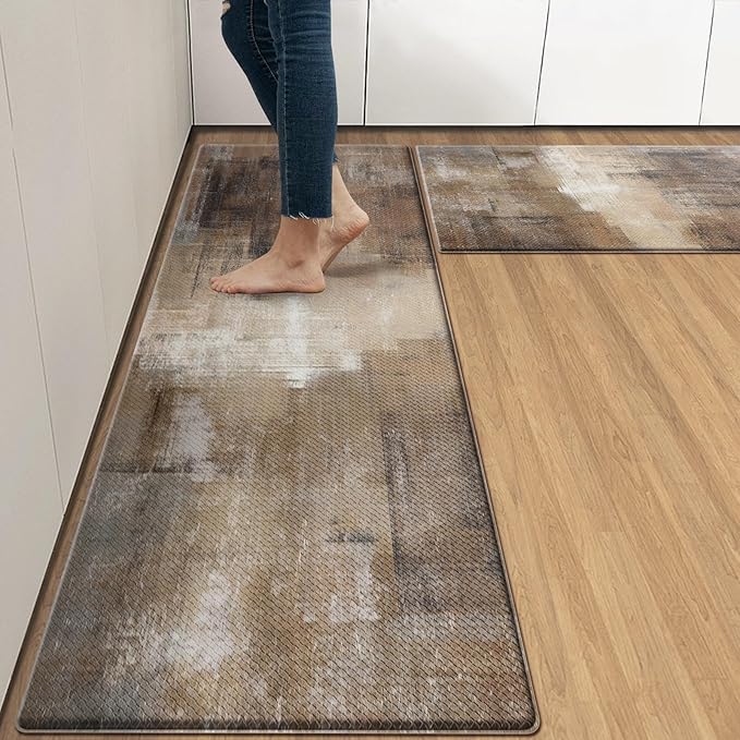 Anti-Fatigue Brown Grey Kitchen Rug Set of 2 Cushioned Abstract Rug for Floor, Art Standing Mat Waterproof Non-Slip Mat PVC Ergonomic Comfort Foam Kitchen Decor