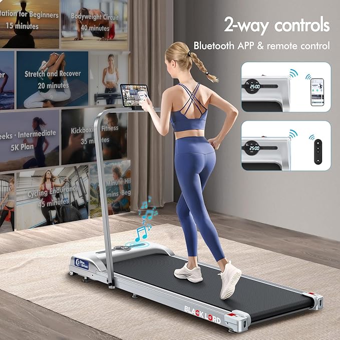 BLACK LORD Walking Pad with Handle Bar, 2.7 HP Quiet Foldable Under Desk Treadmill with Bluetooth Speaker, Portable Running Treadmills for Home, LED Display, App/Remote Control, 330 lbs Capacity