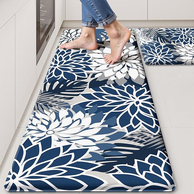 Kitchen Mats for Floor 2PCS Cushioned Anti Fatigue Kitchen Mats Waterproof Non Slip Kitchen Mat Rug Set Comfort Foam Standing Mat for Sink, Laundry, Office, Blue Gray