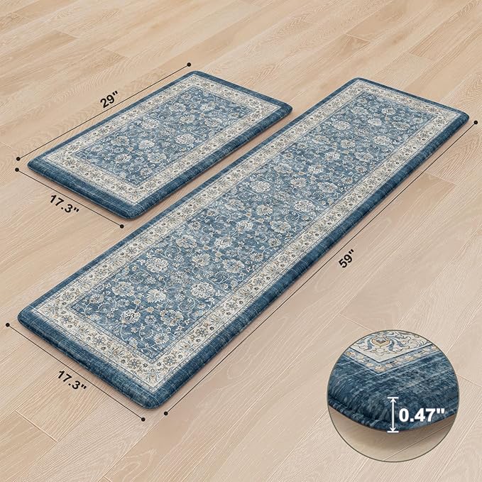 KIMODE Anti Fatigue Kitchen Mats for Floor, Boho Distressed Blue Kitchen Rugs Sets of 2, Padded Kitchen Floor Mats Non Slip, Cushioned Standing Mats for Sink, Laundry, Desk 17"x59"+17"x29"