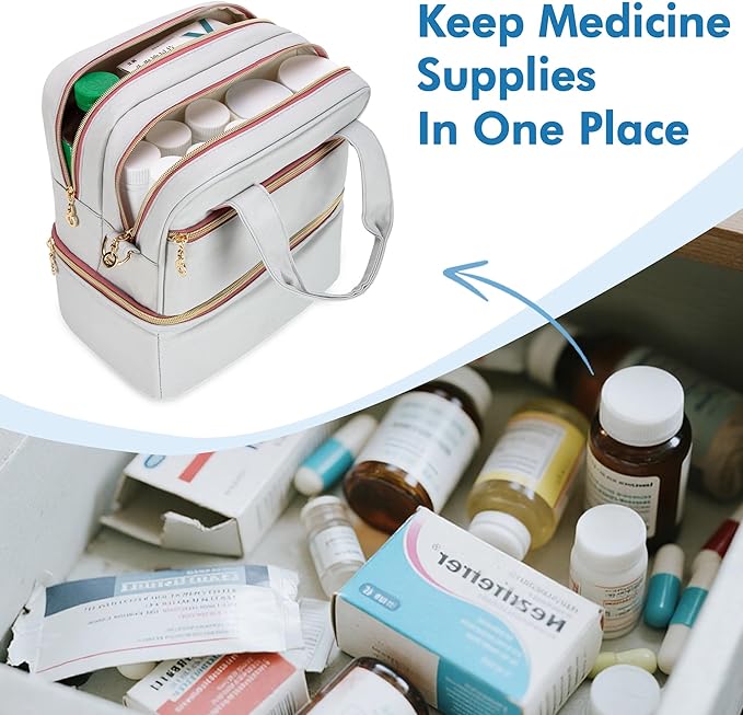 Damero Double Layers Pill Bottle Organizer, Medicine Storage Bag with Detachable Shoulder Strap, Medicine Travel Bag with Waterproof Mat for Large Prescription Bottles, Medical Supplements