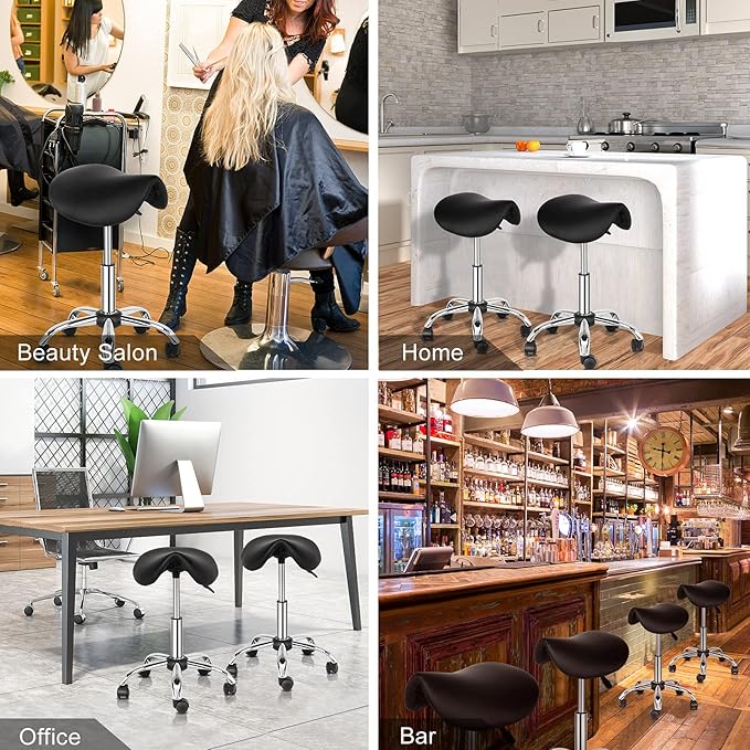 OmySalon Adjustable Saddle Stool with Footrest, Hydraulic Rolling Salon Chair, 360° Swivel Wheels Ergonomic Stool for Hair Stylists, Tattoo Artists, Office, Spa, Massage, Dental (Black)