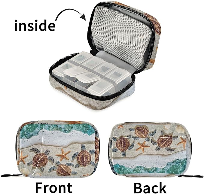 Travel Pill Case Sea Turtles Starfish Seashell Weekly Small Pill Box 7 Day Pill Box Pill Organizer Bag