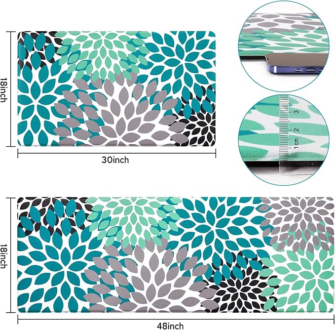 Likiyol Kitchen Mats for Floor [2 PCS] Anti-Fatigue Comfort Kitchen Rugs, Boho Flower Cushioned Waterproof Kitchen Decor Mat Thick, Standing Floor Mats for Home/Office, 18''x30''+18''x48''(Teal)
