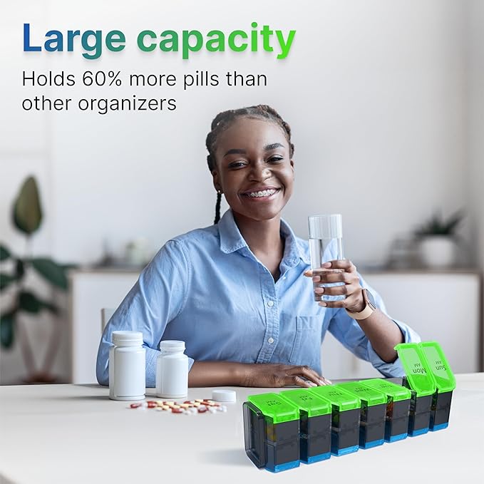 Extra Large Pill Organizer 2 Times a Day – XL Pill Box 7 Day with Big AM/PM Compartments – Fits Large Vitamins, Supplements & Gummies, for 7 or 14-Day Use, Color-Coded, Senior-Friendly, No Spills