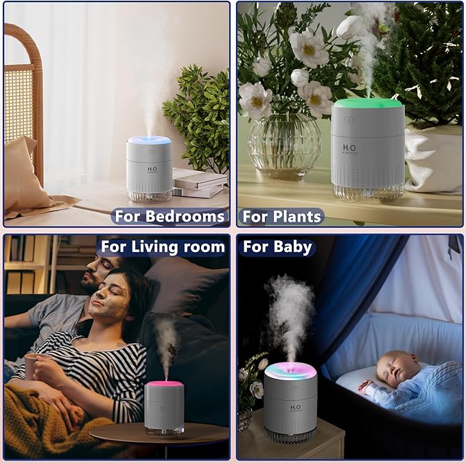 SZO Portable Mini Humidifier, 500ML USB Personal Cool Mist Humidifiers for Bedroom Office Travel Desk, Whisper Quiet 20dB with 2 Mist Modes & Auto Shut-Off, Small Desktop Humidifier(Grey)