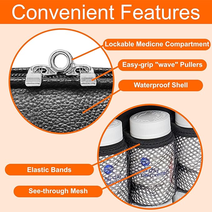 Medium 2-in-1 Pill Bottle Organizer, Crossbody PU Leather Purse for Women, Medicine Bag, Case, Carrier for Medications, Travel Medicine Organizer, Med Bag - Black (Without Lock)