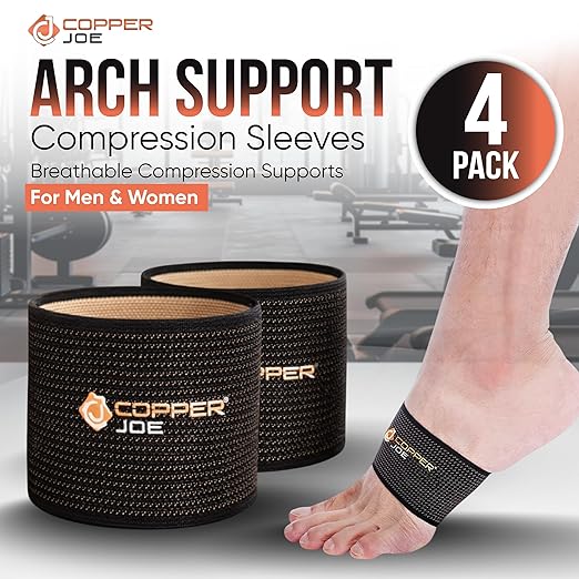 Copper Joe 4-Pack Arch Support Compression Sleeves for Plantar Fasciitis & Flat Feet – Flexible Foot Arch Support Band, Arch Support Inserts for Women & Men