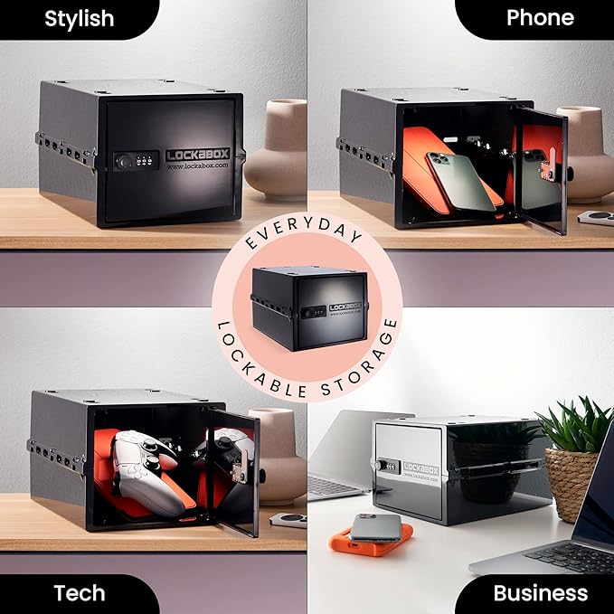 Lockabox One™ | Compact and Hygienic Lockable Storage Box for Food, Medicines, Tech and Home Safety | One Size 12 x 8 x 6.6 inches externally (Jet)