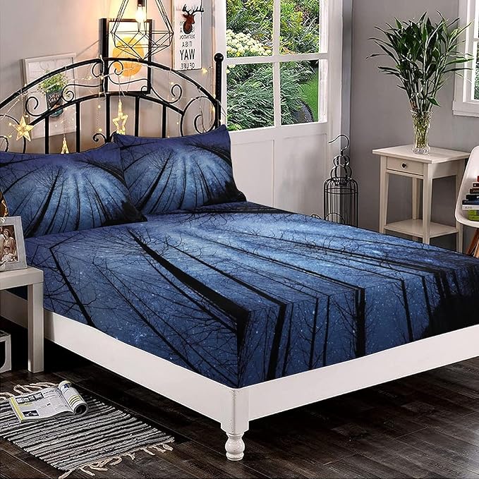 XISUNYA Decorative Fitted Sheet Set King Size, Night Sky Deep Pockets Fitted Sheet & 2 Pillow Sham Set, Forest Dry Tree Branches Starry Sky Stars Winter Landscape Printed Microfiber Bedding 3pc Set