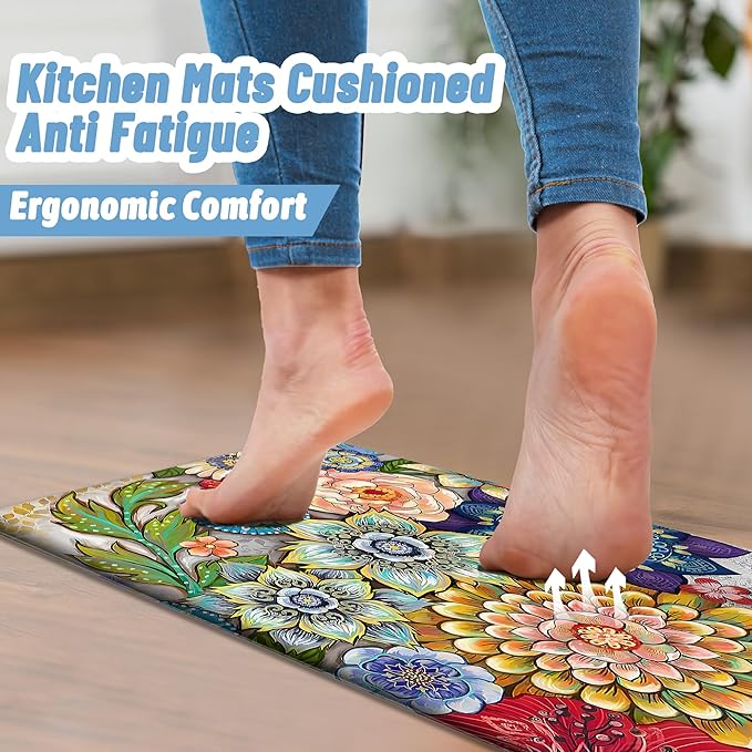 Boho Floral Kitchen Runner Rugs Mats for Floor 2 Piece Memory Foam Padded Long Kitchen Mats Anti Fatigue Cushioned Comfort Standing Mat, 17.3x28+17.3x59 Inch