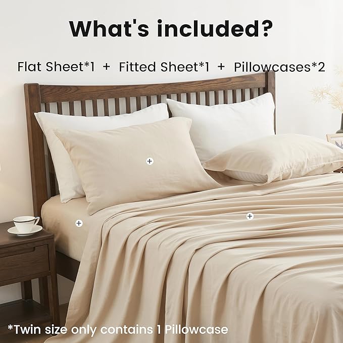Simple&Opulence Belgian Linen Sheet Set Solid Color -Sheet Set 4PC - Cal King Natural Flax Cotton Blend Soft Breathable Farmhouse Bedding - California King, Linen/Beige